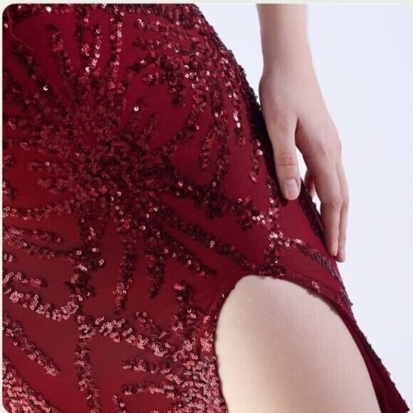 Red, Geo Print, Ostrich Feather V Neck, Beaded Sleeves, Sequined Mermaid Gown - Picture 12 of 14